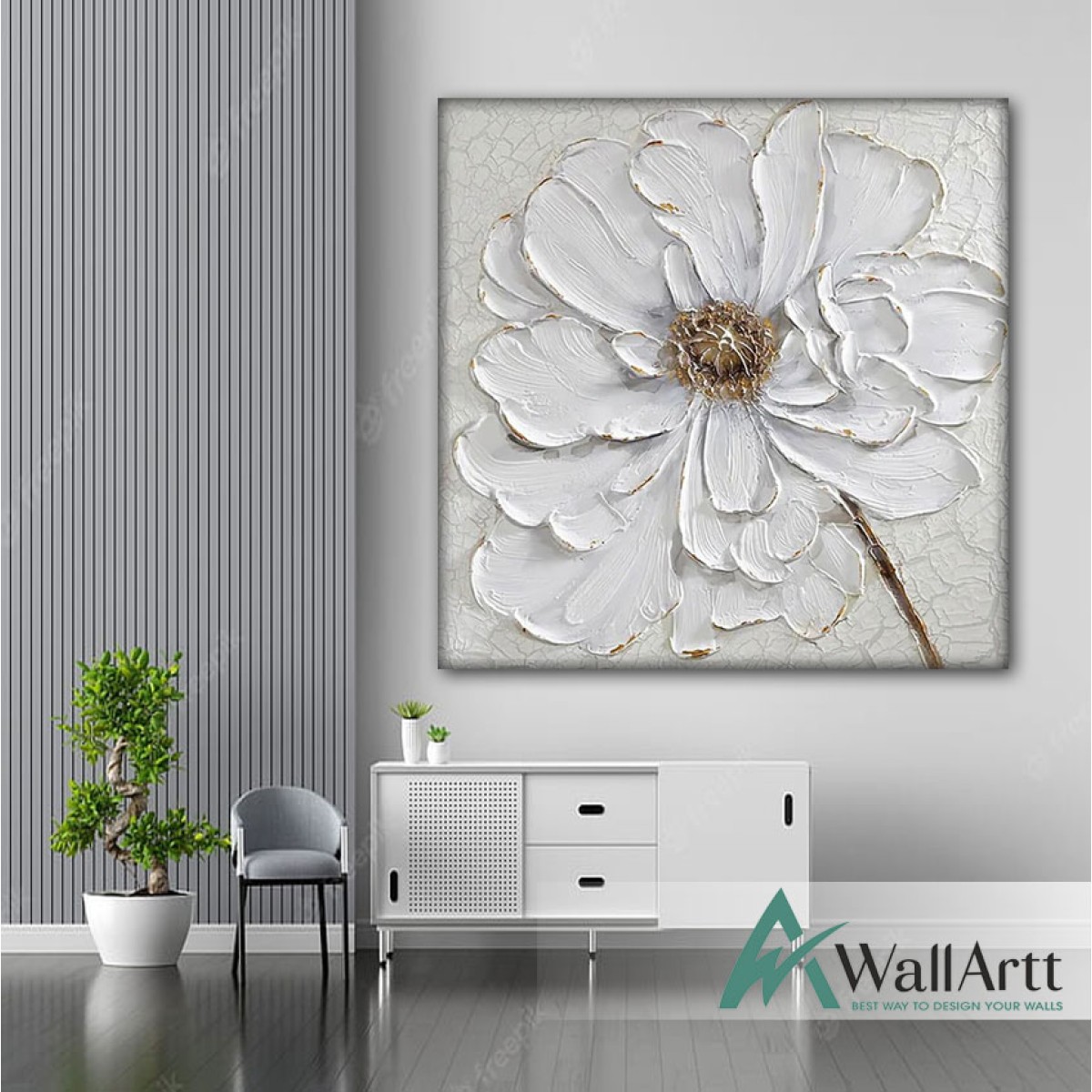 White Flower with Gold Buds Heavy Textured Partial Oil Painting